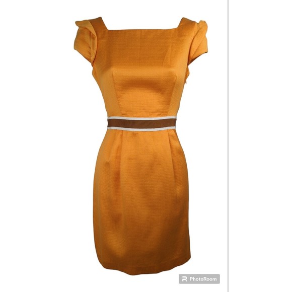 Ports 1961 Dresses & Skirts - PORTS 1961 orange Silk Sheath Dress Striped Belt Pleated Cap Sleeve Resort S 4